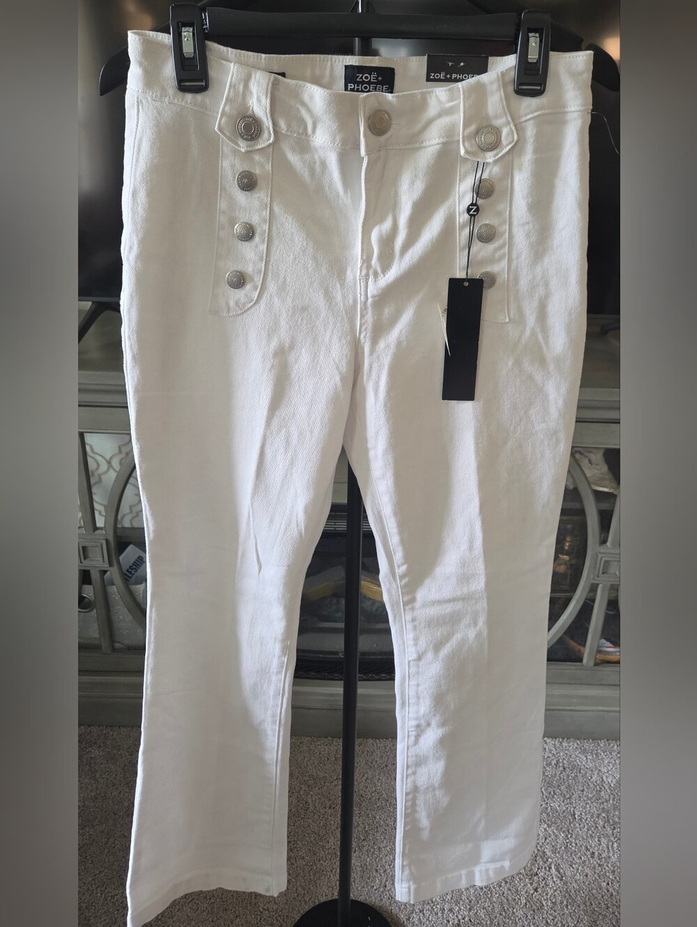 NWT Zoe + Phoebe White Boot-Cut Jeans with Decorative Button Detail